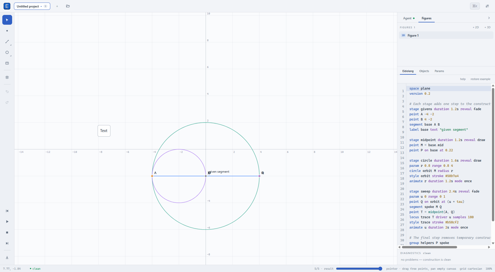캔버스, 도구 모음, 도형 목록, Eidolang 편집기가 보이는 Eidograph 작업 공간
